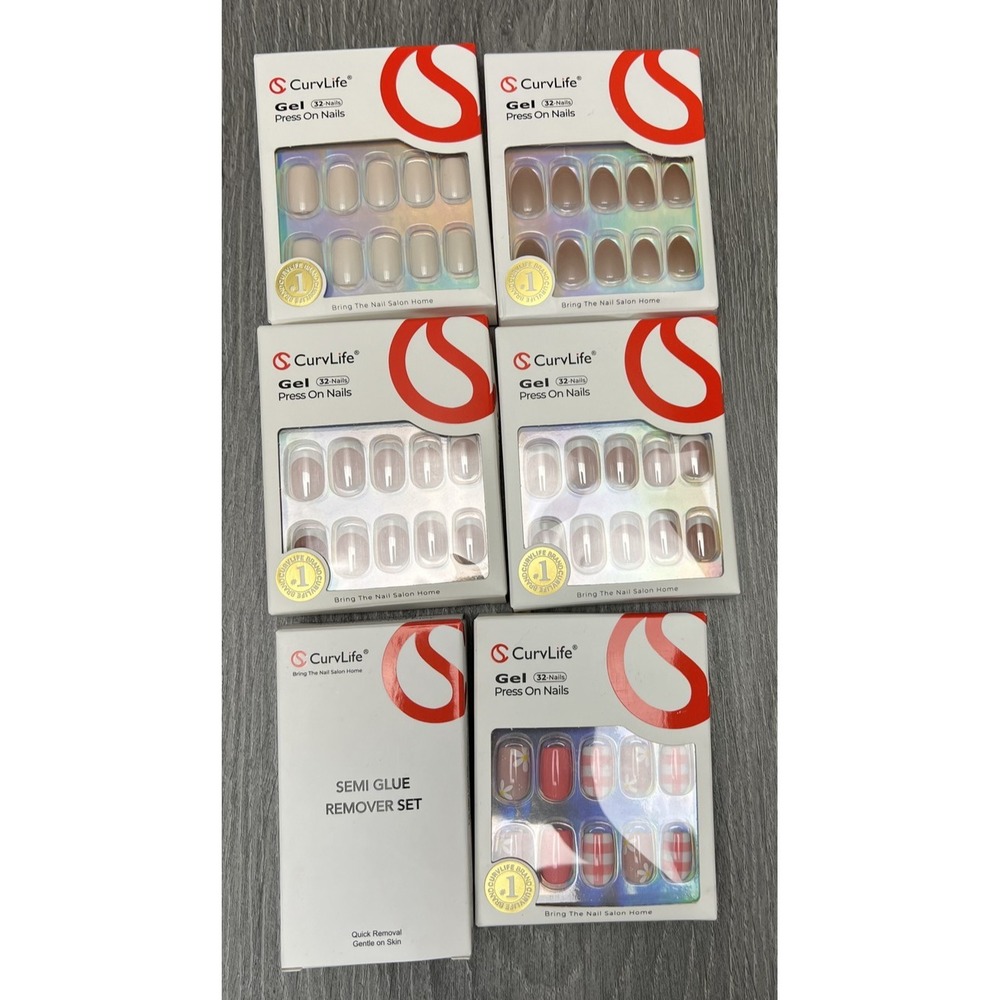 CurvLife Gel Press-On Nails 5-Pack Mixed Colors & Designs with Glue Remover Kit